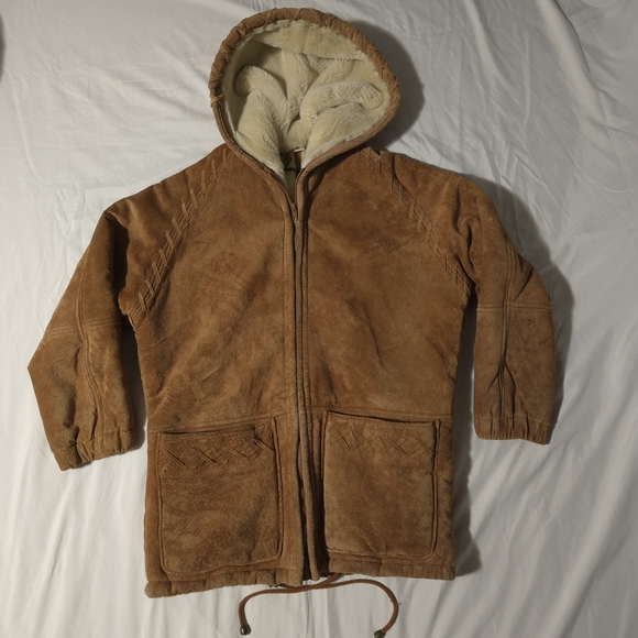 Vtg Synergy Leather Faux Shearling Hooded Coat Sueded Modacrylic Lined, Sz S - Picture 7 of 16